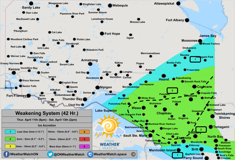 Freezing Rain Forecast, for Northern Ontario. Issued April 11th, 2019.