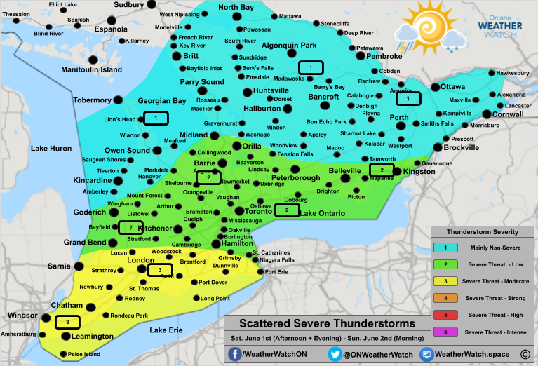 Thunderstorm Forecast, for Southern Ontario. Issued June 1st, 2019.
