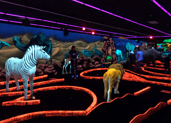 Llueva, truene o relampaguee: juega todo el año en Swingin' Safari Mini Golf. 