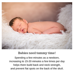 A newborn asleep laying on their tummy with theri face turned towards the camera.. Babies need tummy time!