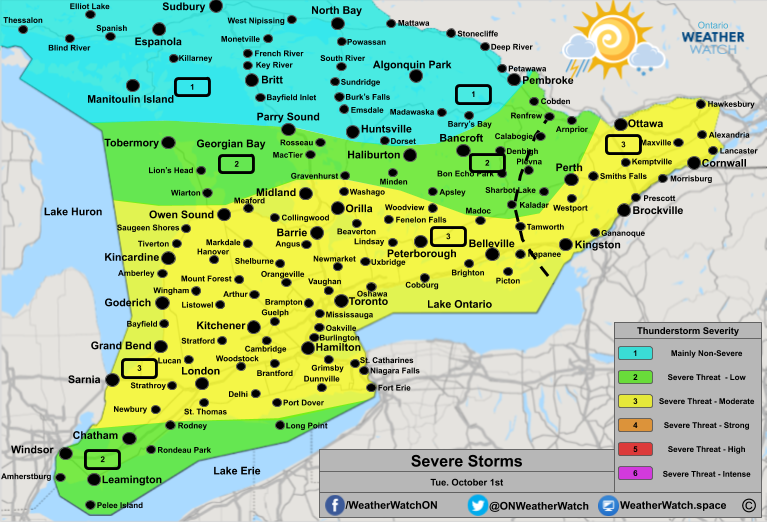 Thunderstorm Forecast, for Southern Ontario. Issued October 1st, 2019.