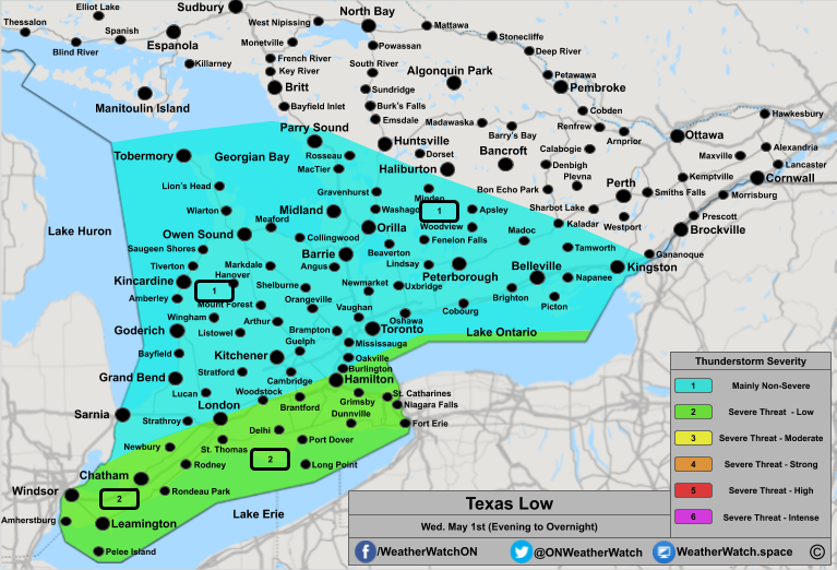 Severe Thunderstorm Forecast, for Southern Ontario. Issued May 1st, 2019.