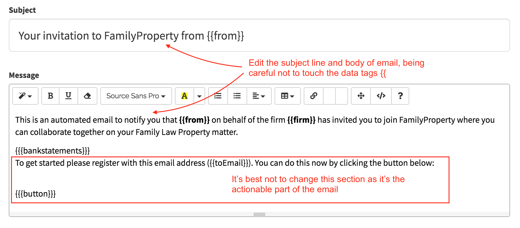 Editing the client invitation email content media