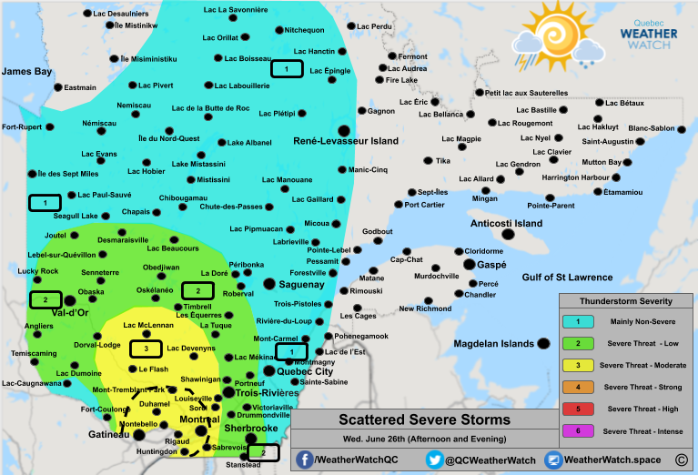 Thunderstorm Forecast, for Southern Quebec. Issued June 26th, 2019.