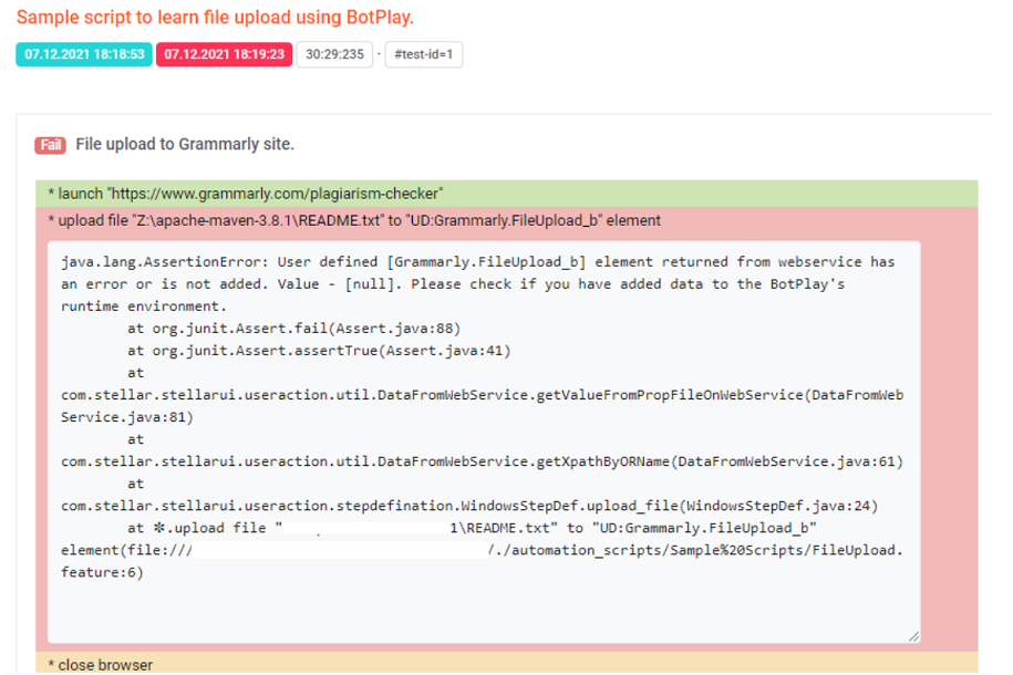 Error due to using user defined (UD:) element without adding it to BotPlay's runtime environment content media