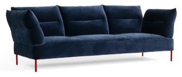 HAY Panderine sofa in dark blue velvet with red legs