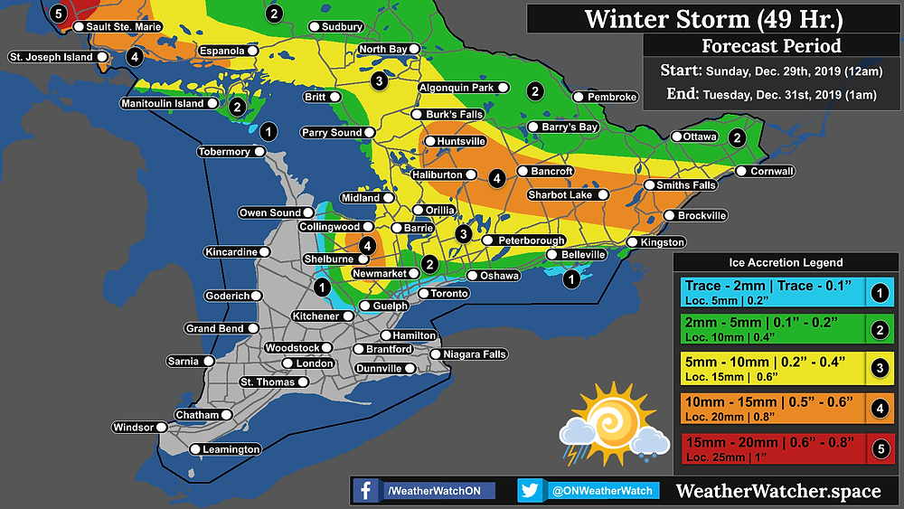 Freezing Rain Forecast, for Southern Ontario. Issued December 29th, 2019.