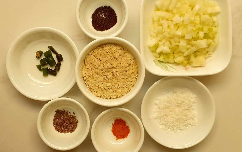 Ingredients to make Onion Poha with onion, coconut and flattened rice