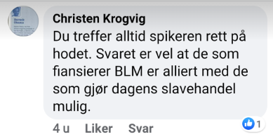 Screenshot fra Facebook: Christen Krogvig: Du treffer alltid spikeren rett på hodet. Svaret er vel at de som finansierer BLM er alliert med de som gjør dagens slavehandel mulig.