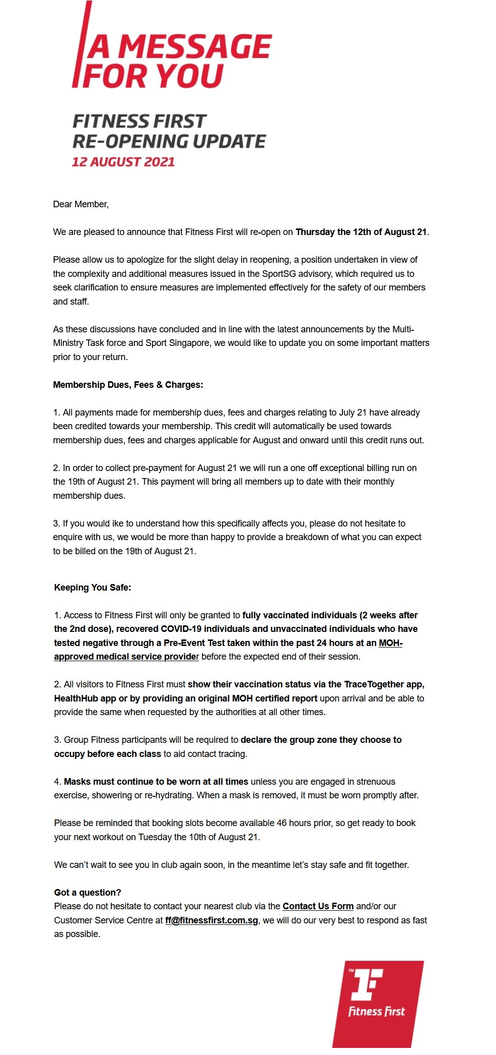 PSA: Fitness First will only reopen on 12 Aug content media