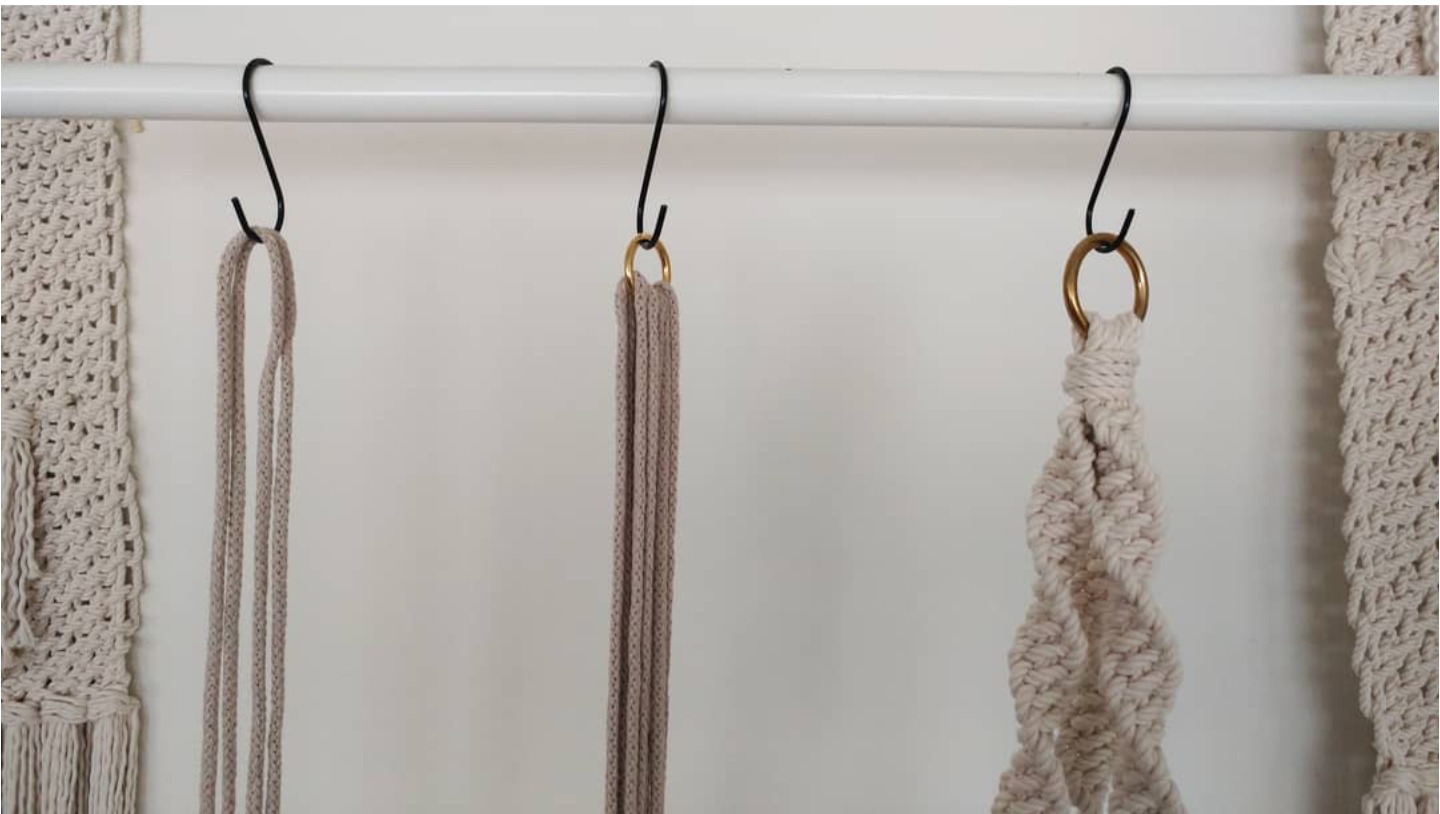 S-hooks on clothing rack for macramé