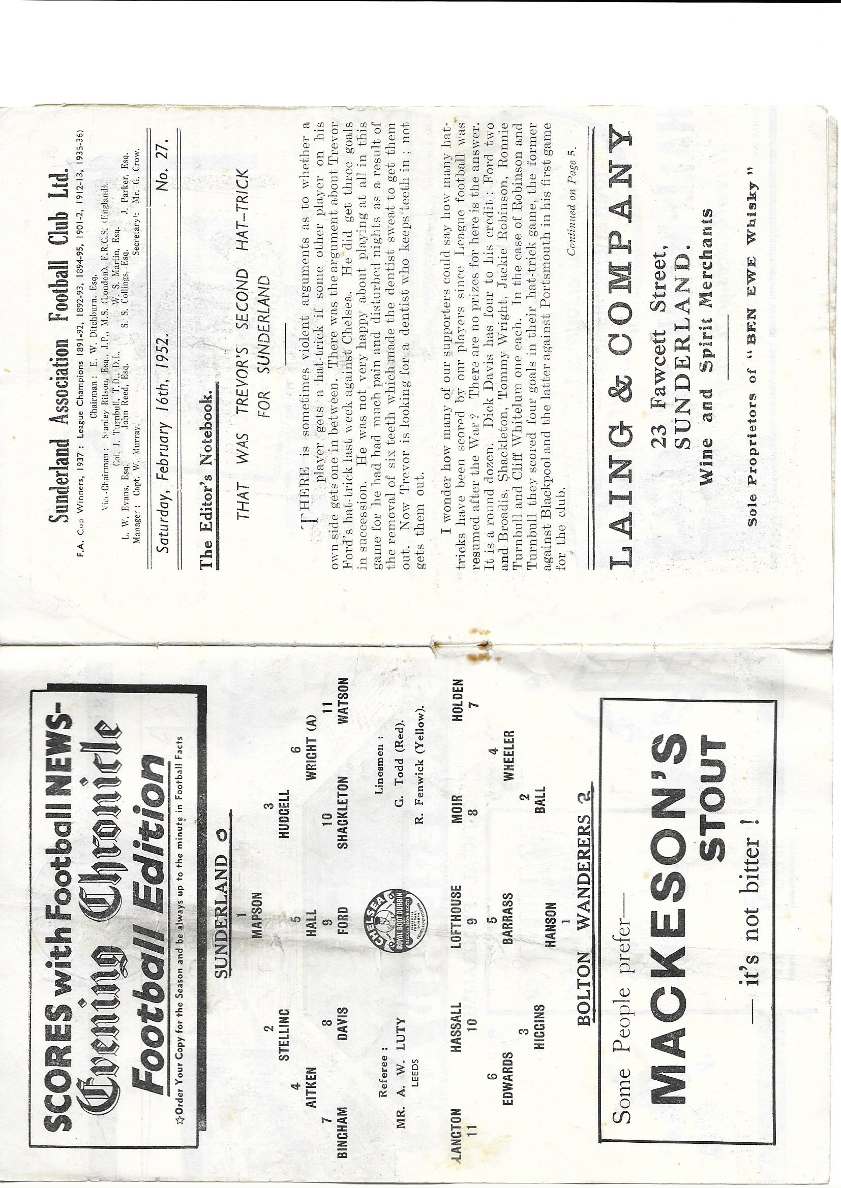 16 Feb 1952 and the lads lose 2-0 at home to Bolton in front of 43,397 fans. The lads played well but just couldn't put the ball in the net content media