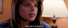 Gif of Neve Campbell as Sidney Prescott saying, "This isn't a movie."