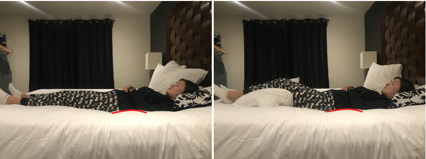 The supine position (back sleeper) is thought to be the best to allow equal distribution of body weight. As you can see in the photos, both positions allow for the lower spine to rest in a neutral position. If you choose to place a pillow under your knees or your calves, your legs should not be elevated too high above your heart or it can decrease blood flow to your legs and feet.