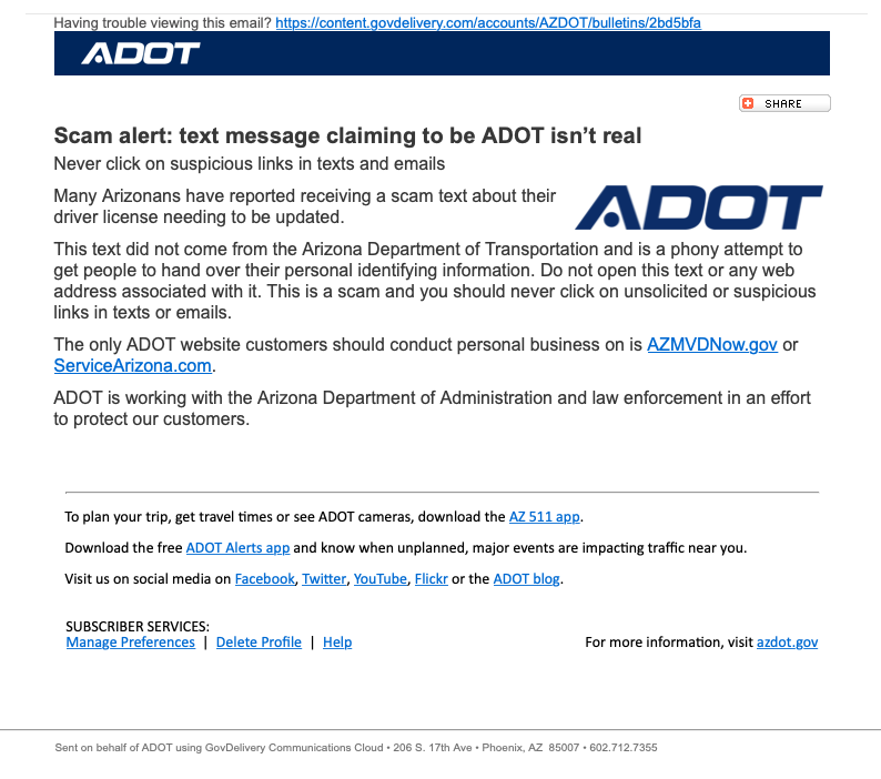 New Scam Claiming to be from ADOT content media