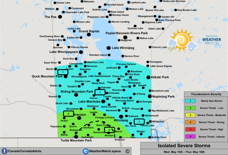 Thunderstorm Forecast, for Southern Manitoba. Issued May 15th, 2019.