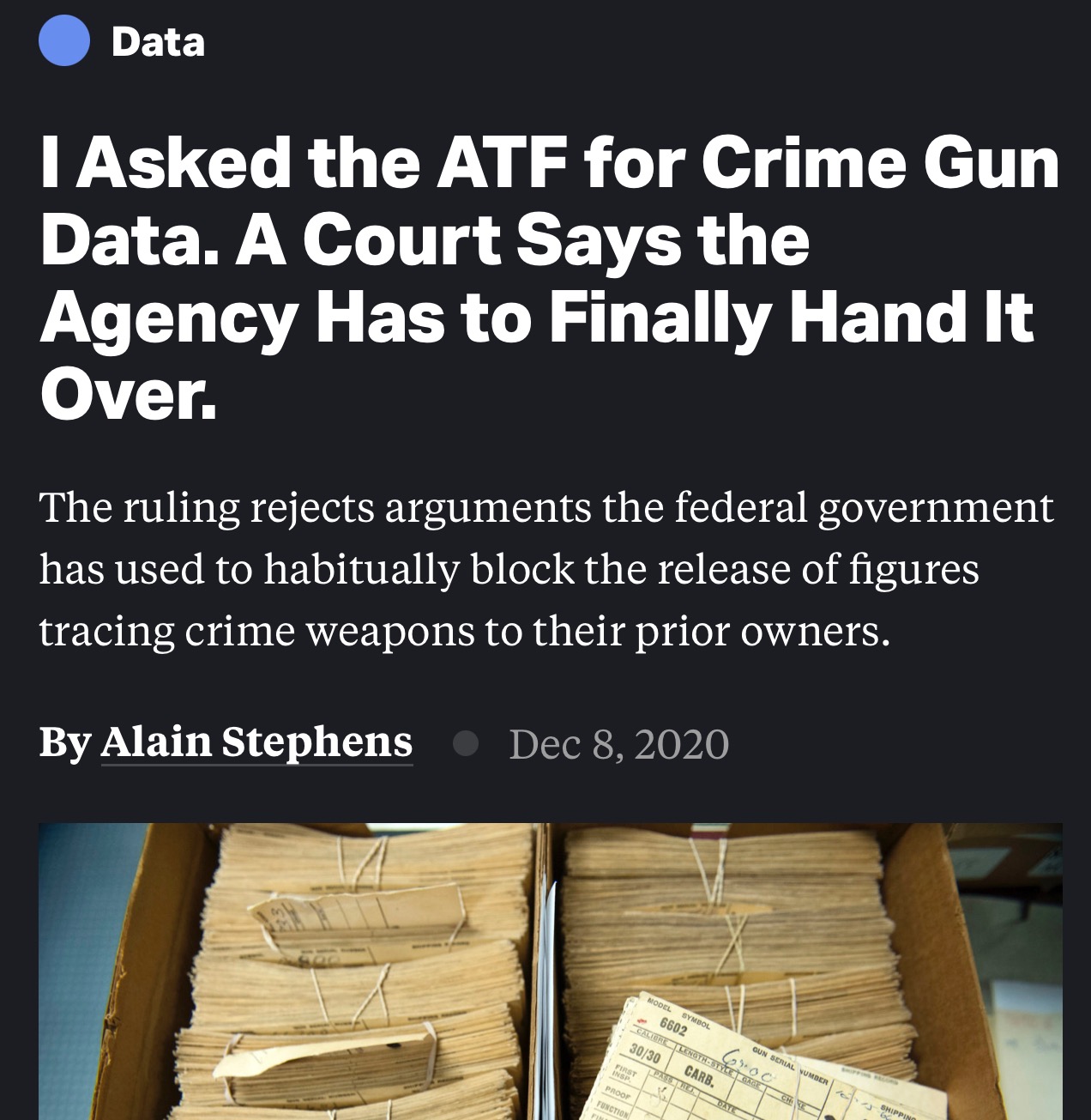 The Bureau of Alcohol, Tabacco and Firearms finally has to hand over a bunch of gun crime data.
content media
