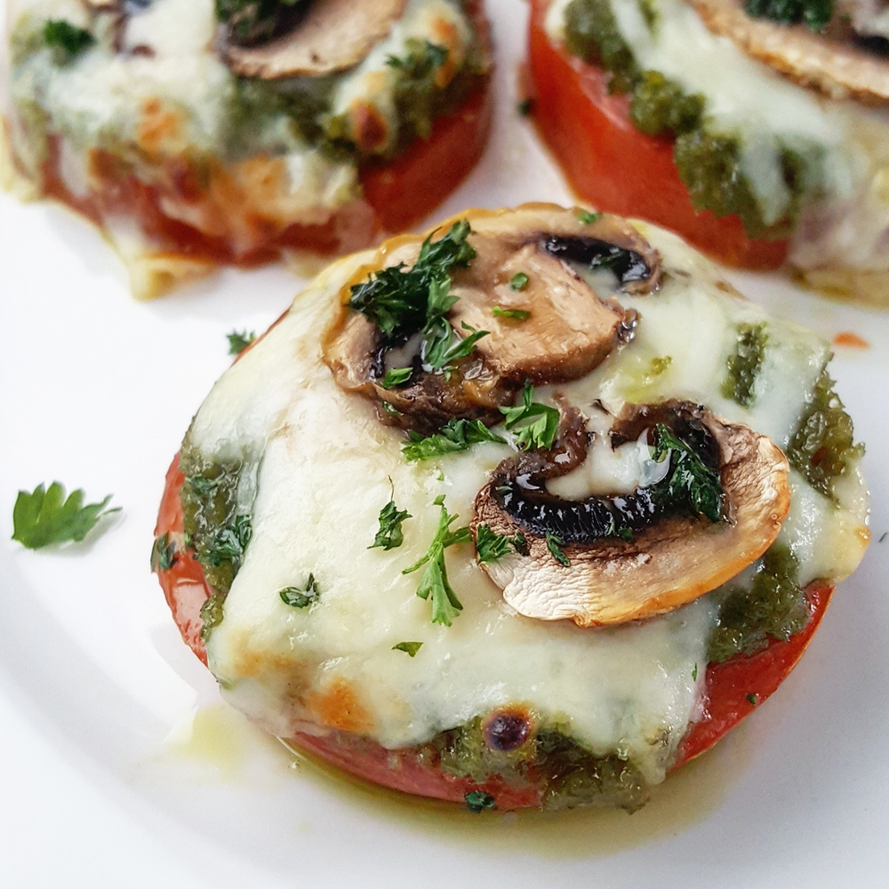 Baked Tomatoes with Garlic Scape Pesto, Mozzarella & Mushrooms Low Carb