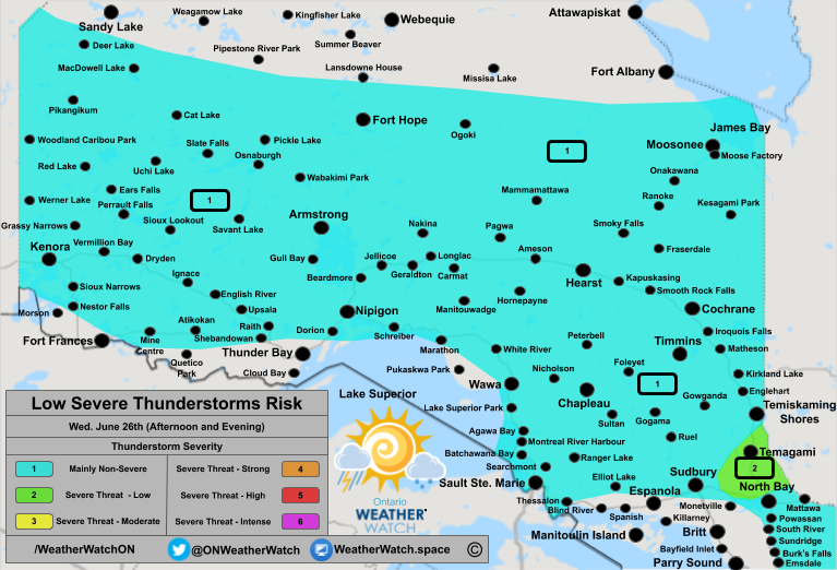 Thunderstorm Forecast, for Northern Ontario. Issued June 26th, 2019.