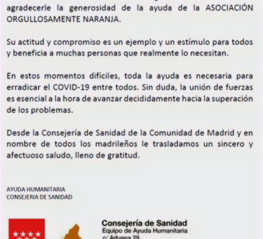 Carta agradecimiento de la Consejería de Salud de la Comunidad de Madrid