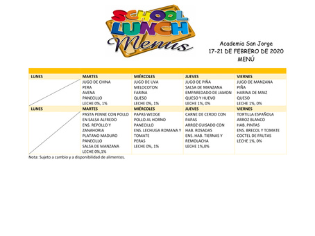 Menú comedor escolar (17-21 febrero)