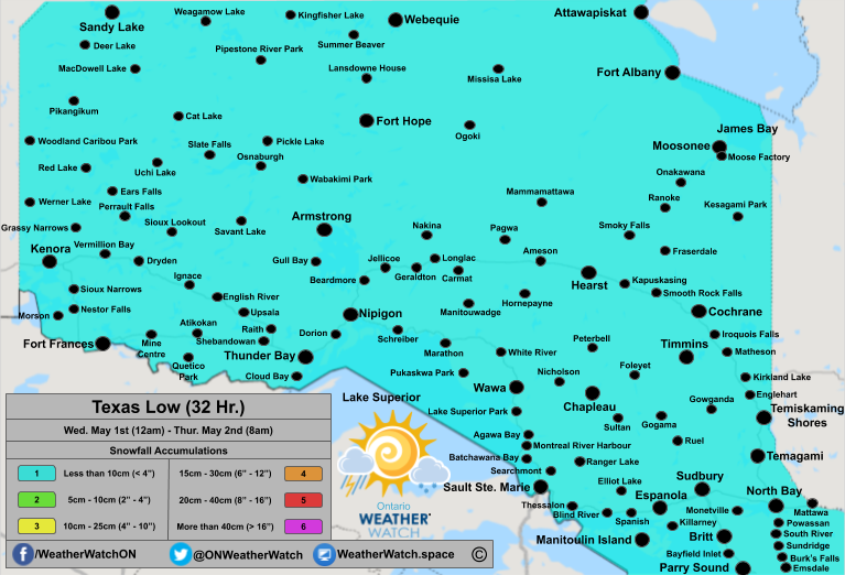 Snowfall Forecast, for Northern Ontario. Issued April 30th, 2019.