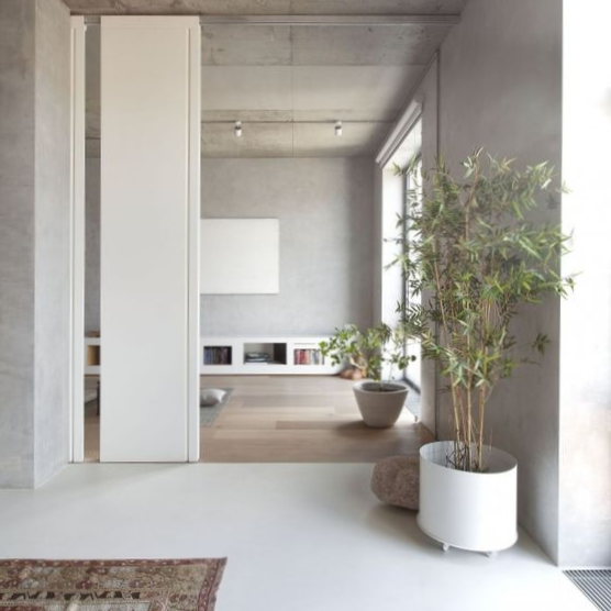 Vintage Rug, concrete ceiling, timber flooring, adobe plastered walls track lighting