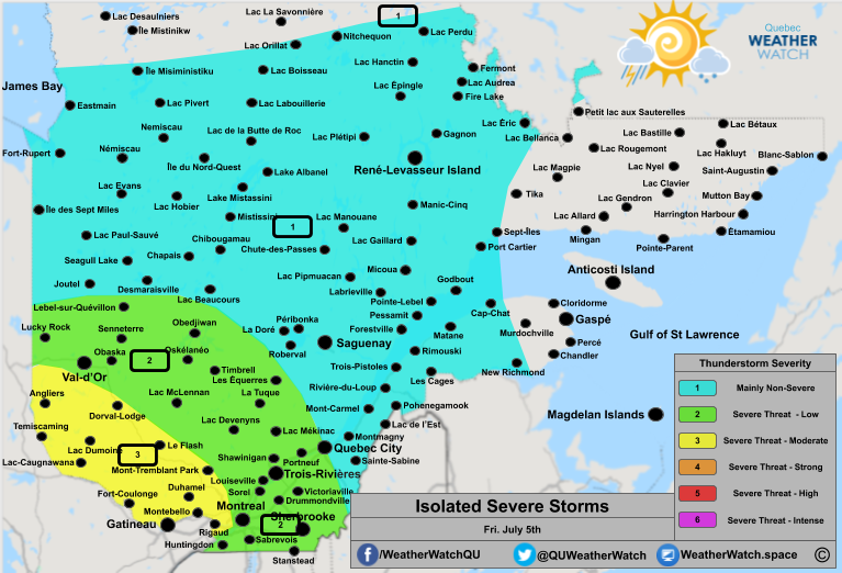 Thunderstorm Forecast, for Southern Quebec. Issued July 5th, 2019.