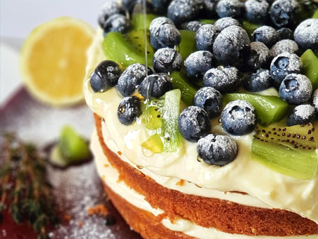 Orange & Thyme Polenta Cake Topped with Blueberries, Kiwi & Greek Yoghurt Cream Cheese Frosting