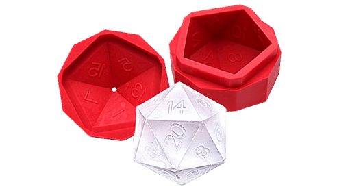 D20 made of ice next to silicone mold.