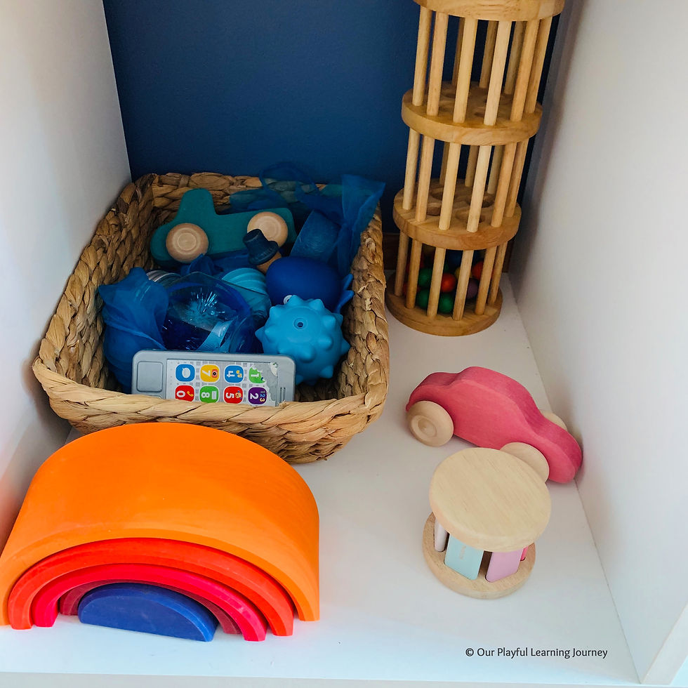 Toy shelf for baby with open-ended wooden toys