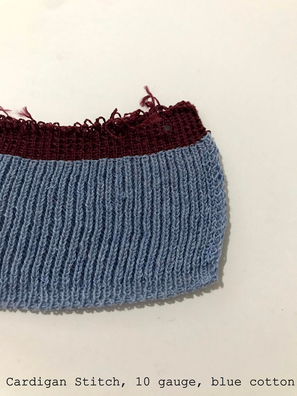 Blue cotton, 10 gauge, Cardigan stitch.