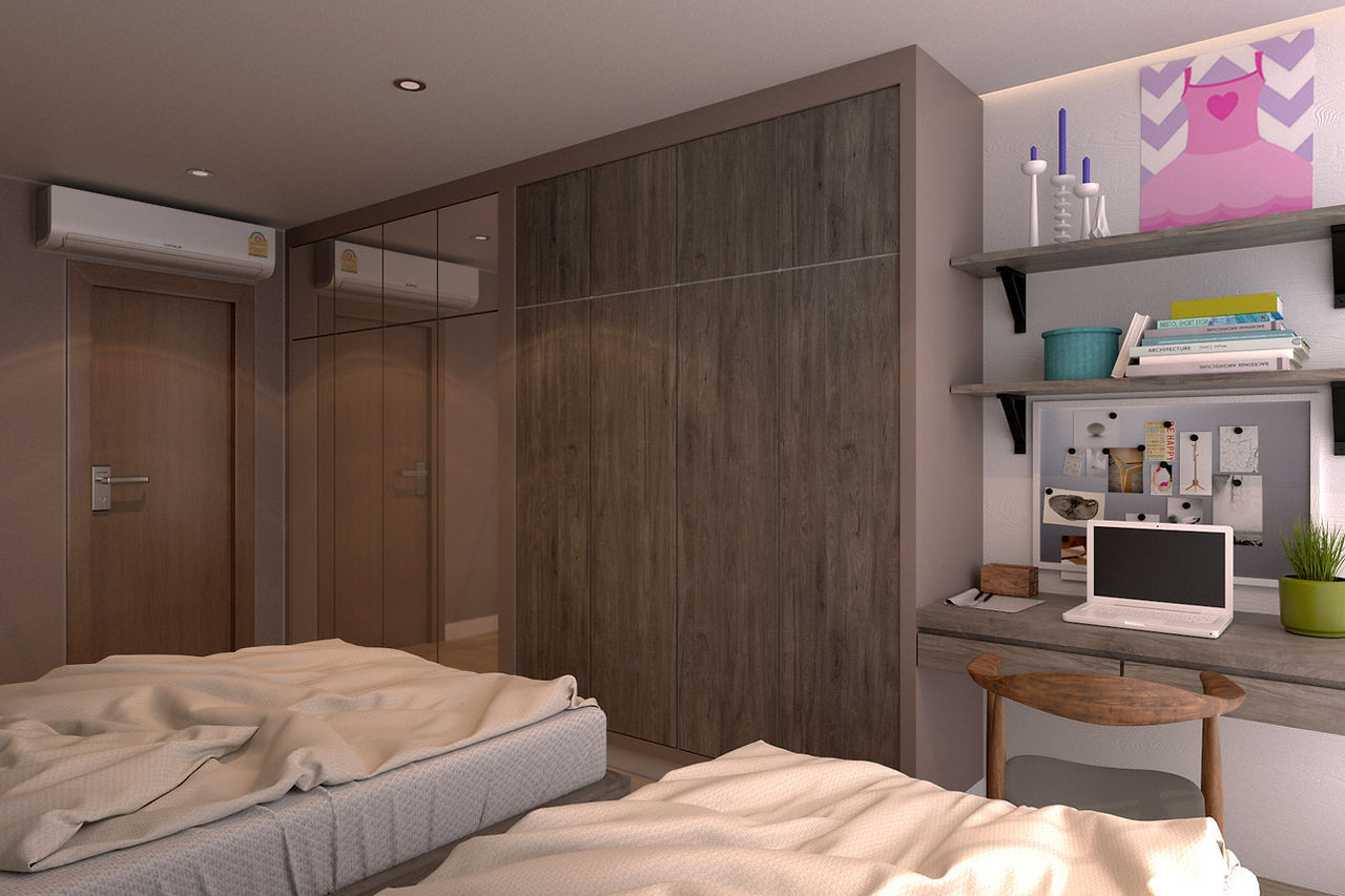 ห้องนอนคอนโด THE ROOM สาทร ออกแบบรองรับการนอน 3 คน | bedroom overview