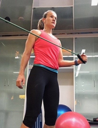 Coach Mary using stretch cords