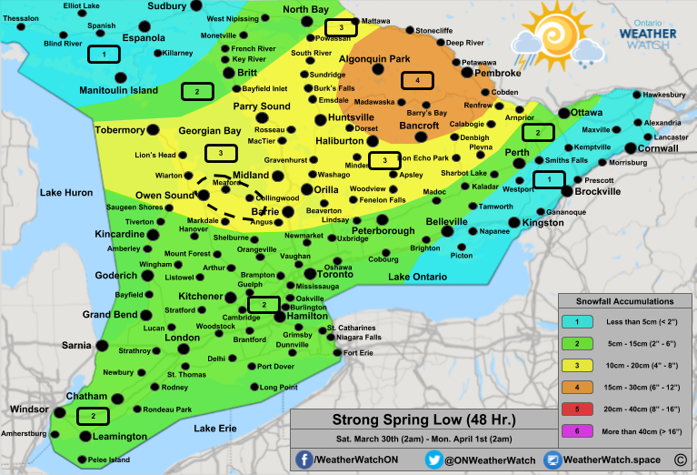 Snowfall Forecast, for Southern Ontario. Issued March 30th, 2019.