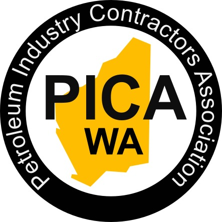 A yellow outline of Western Australia covered with black text "PICA WA" and surrounded by a black ring bearing with white text: "Petroleum Industry Contractors Association"