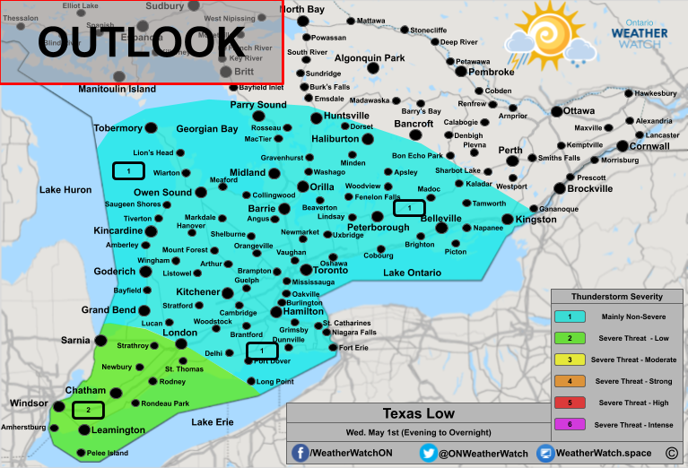 Severe Thunderstorm Outlook, for Southern Ontario. Issued April 30th, 2019.