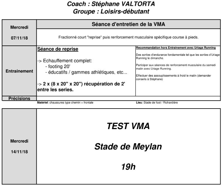 Planning des entrainements - 7 et 14 novembre 2018 content media