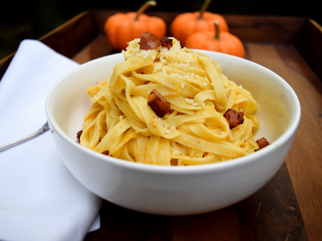 Healthy Pumpkin Alfredo Sauce with Crispy Pancetta