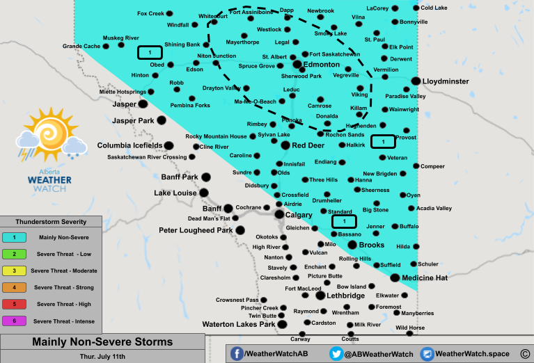Thunderstorm Forecast, for Southern Alberta. Issued July 11th, 2019.