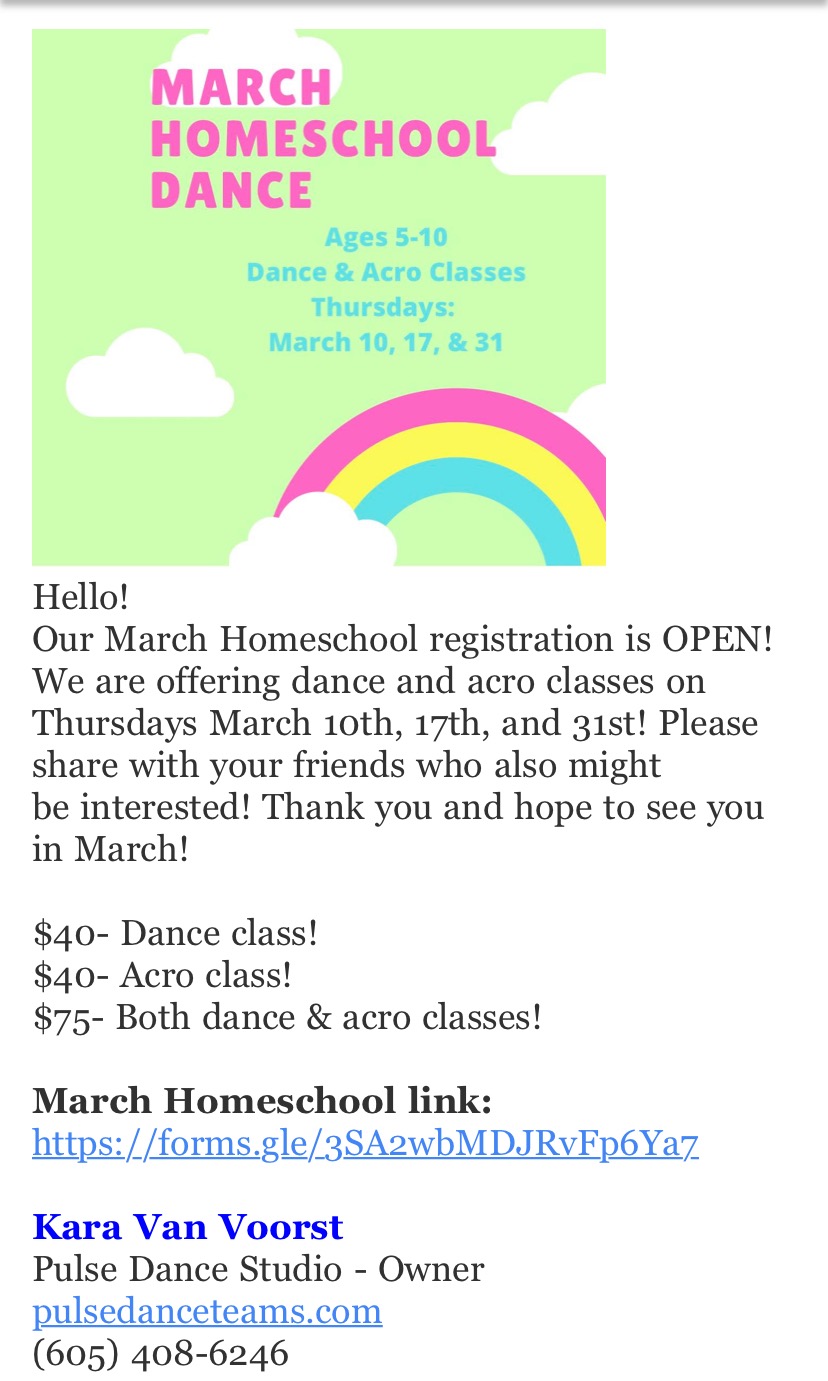 March Homeschool Dance/Acrobatics classes content media