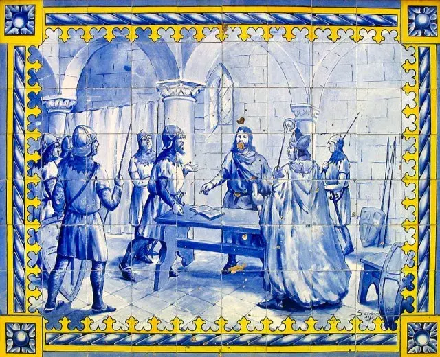Imagem da assinatura do Tratado de Zamora com as assinaturas de Afonso VII e Afonso Henriques em primeiro plano, e o documento histórico em segundo plano.
