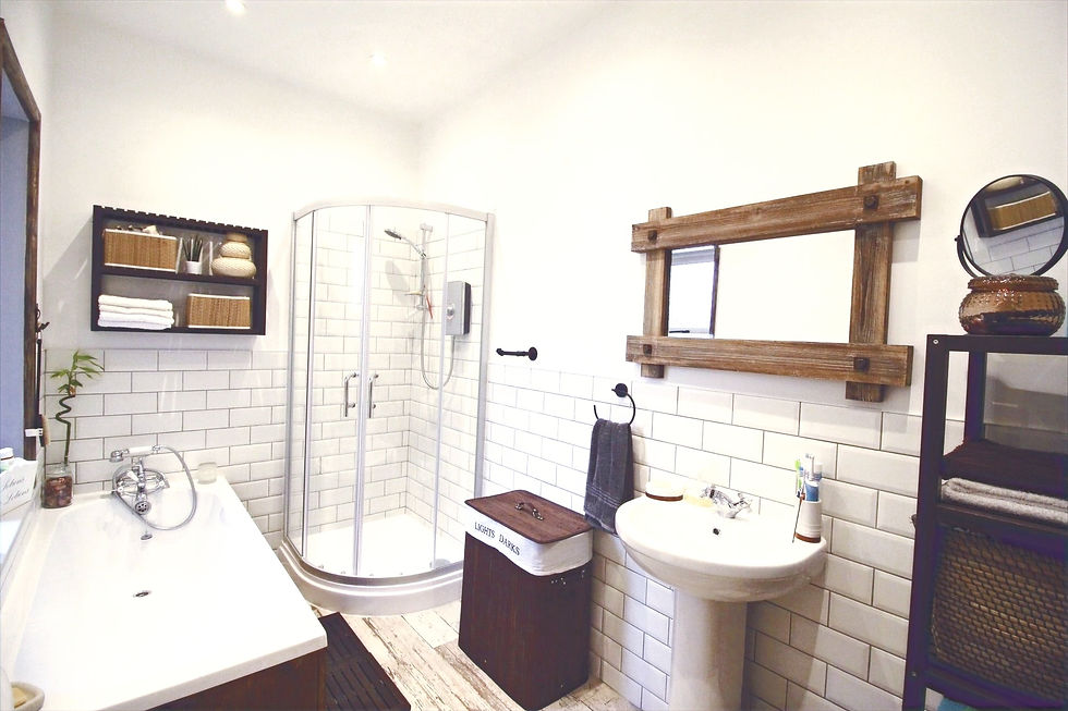 Bathroom, subway tiles, wood floor, brown and white bathroom