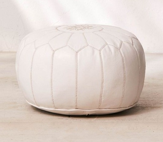 Bohemian Moroccan White Leather Pouf Ottoman