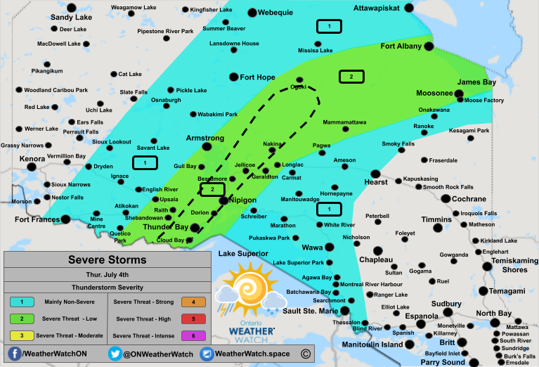 Thunderstorm Forecast, for Northern Ontario. Issued July 4th, 2019.