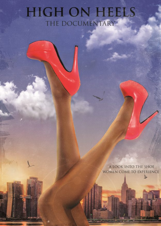 An illustrated poster depicting a pair of legs wearing bright red heels pointing upwards against a backdrop of New York City