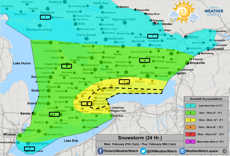 Snowfall Forecast, for Southern Ontario. Issued: February 26th, 2019.