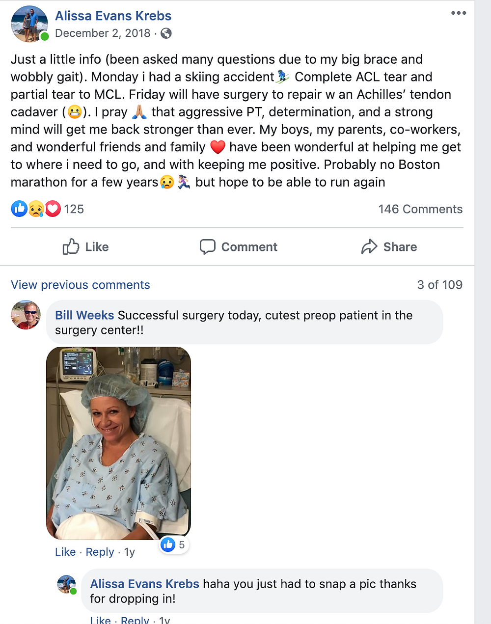 Alissa preparing for ACL surgery with a donor Achilles' tendon. She had no idea that 1000 miles away, a woman and three very young children were mourning the loss of Brian, and neither of us knew that fifteen months later, our paths would cross and we'd be planning to meet each other.