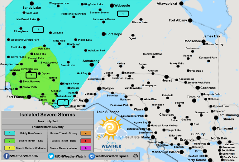 Thunderstorm Forecast, for Northern Ontario. Issued July 2nd, 2019.