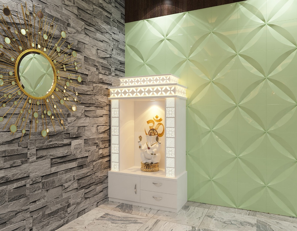 Do you know why we chose this specific unit among countless modern pooja room designs that exist out there? To begin with, it’s luxurious and elegant look simply blew our mind. And if you are one of those who are incredibly keen on a look that would go well with your modern décor, then we would urge you to make this pooja room a part of your house. Apart from that this unit goes on to show how you do not need a completely separate room to offer your mandir with the sanctity of the space. A wooden frame with glass doors furthermore gives the exemplary design an edge.
